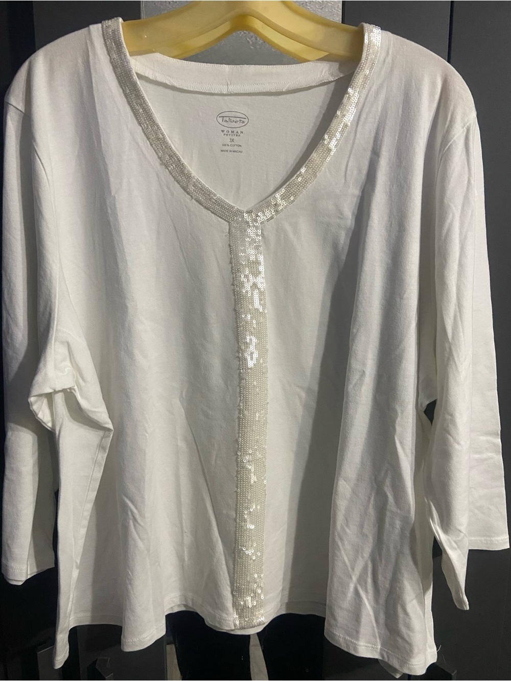 Talbots White Cotton V-Neck Top with Sequin Trim